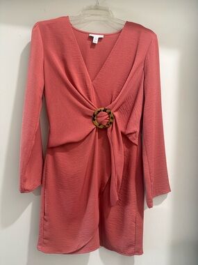 Topshop Coral Long Sleeve Twist Dress with Ring Accent
